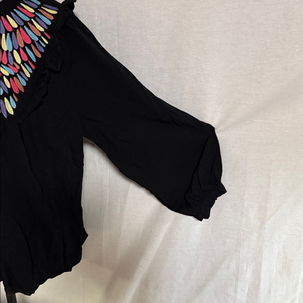 JODIFL Boho Chic V-Neck Embroidered Colorful Peasant Black Blouse Fun Modern 1X - Picture 5 of 12